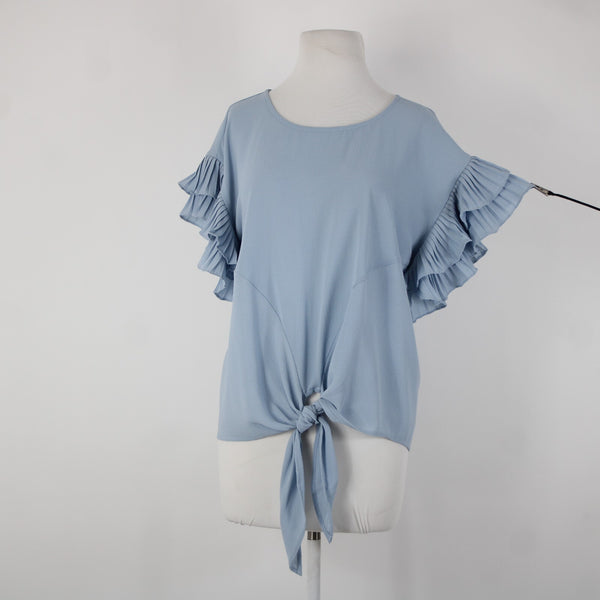 She Sky NEW $74 Sz S Blue Ruffle Sleeves Tie Up Polyester Spandex Top