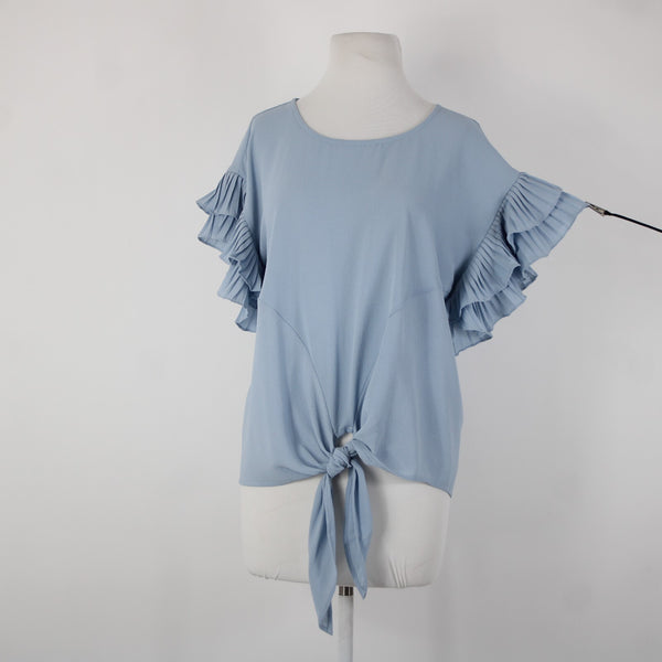 She Sky NEW $74 Sz S Blue Ruffle Sleeves Tie Up Polyester Spandex Top