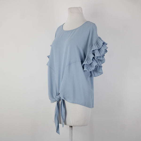 She Sky NEW $74 Sz S Blue Ruffle Sleeves Tie Up Polyester Spandex Top