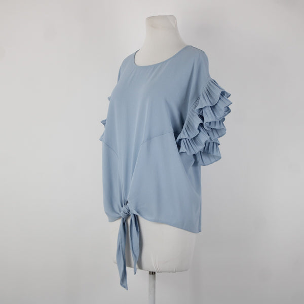 She Sky NEW $74 Sz S Blue Ruffle Sleeves Tie Up Polyester Spandex Top