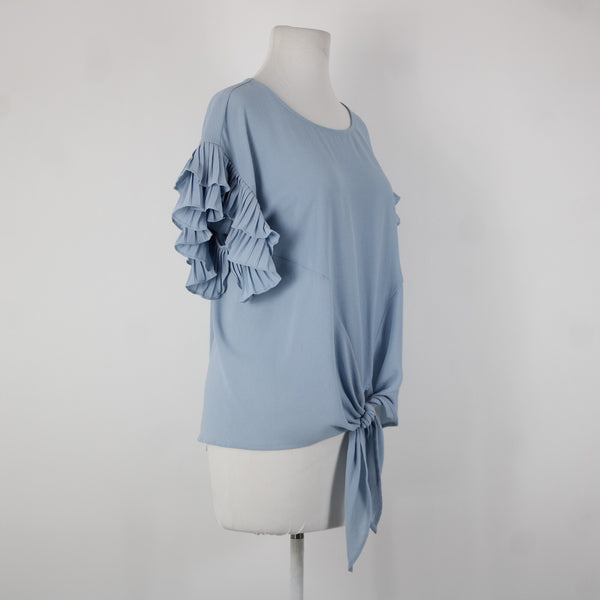 She Sky NEW $74 Sz S Blue Ruffle Sleeves Tie Up Polyester Spandex Top