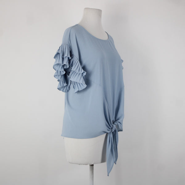 She Sky NEW $74 Sz S Blue Ruffle Sleeves Tie Up Polyester Spandex Top