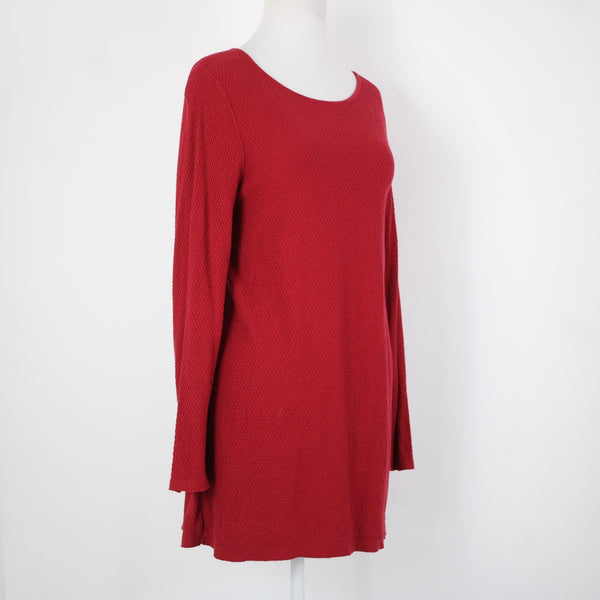 J Jill Sz M Red Textured Long Sleeve Tunic Cotton Viscose Nylon Sweater