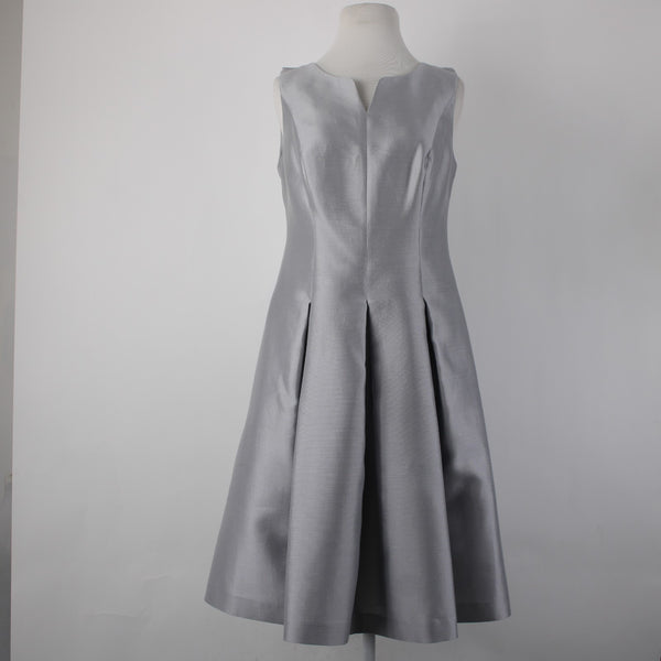 Talbots Dress Sz 2 Silver V Neck Pockets Lined Pleated Silk Cotton Poly Dress
