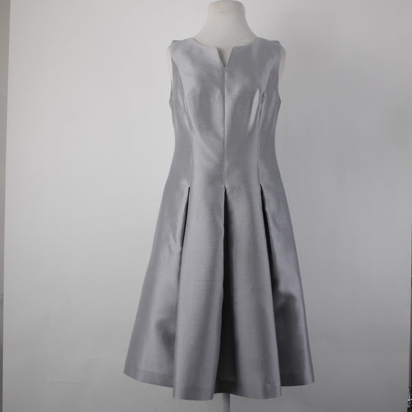 Talbots Dress Sz 2 Silver V Neck Pockets Lined Pleated Silk Cotton Poly Dress