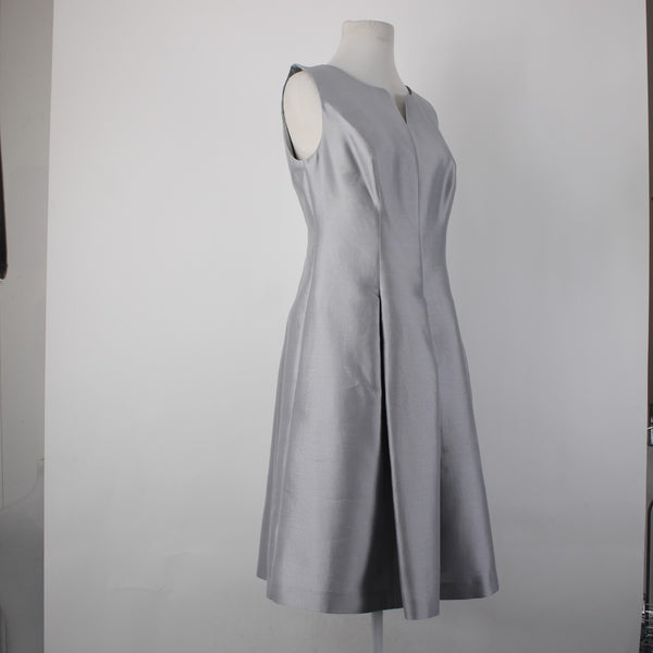 Talbots Dress Sz 2 Silver V Neck Pockets Lined Pleated Silk Cotton Poly Dress