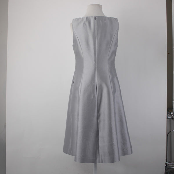 Talbots Dress Sz 2 Silver V Neck Pockets Lined Pleated Silk Cotton Poly Dress
