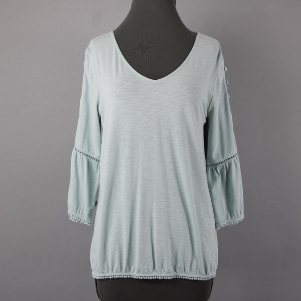 J Jill Sz Mp Mint Green Bell Sleeve Button Shoulder Detail Cotton Modal Blnd Top