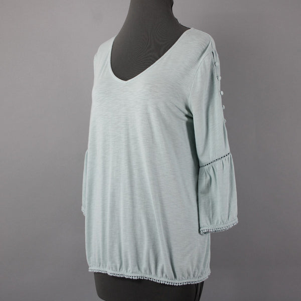 J Jill Sz Mp Mint Green Bell Sleeve Button Shoulder Detail Cotton Modal Blnd Top
