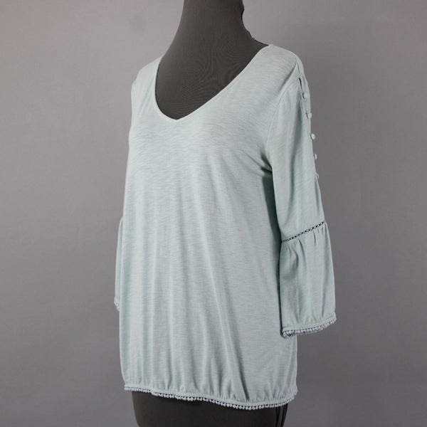 J Jill Sz Mp Mint Green Bell Sleeve Button Shoulder Detail Cotton Modal Blnd Top
