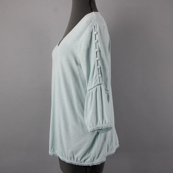 J Jill Sz Mp Mint Green Bell Sleeve Button Shoulder Detail Cotton Modal Blnd Top