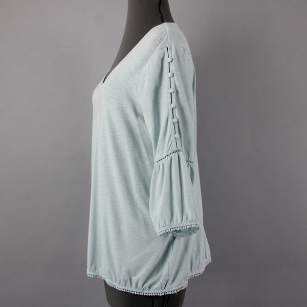 J Jill Sz Mp Mint Green Bell Sleeve Button Shoulder Detail Cotton Modal Blnd Top