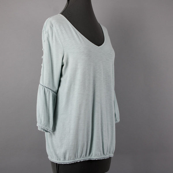 J Jill Sz Mp Mint Green Bell Sleeve Button Shoulder Detail Cotton Modal Blnd Top