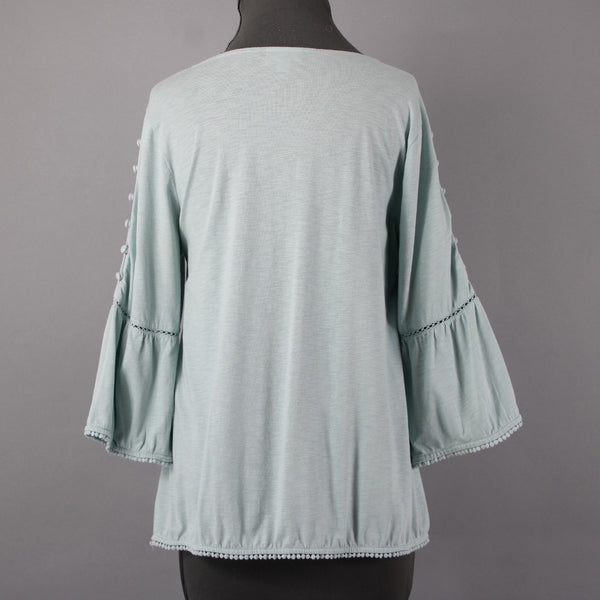 J Jill Sz Mp Mint Green Bell Sleeve Button Shoulder Detail Cotton Modal Blnd Top