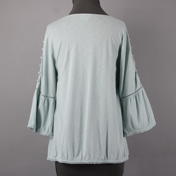 J Jill Sz Mp Mint Green Bell Sleeve Button Shoulder Detail Cotton Modal Blnd Top