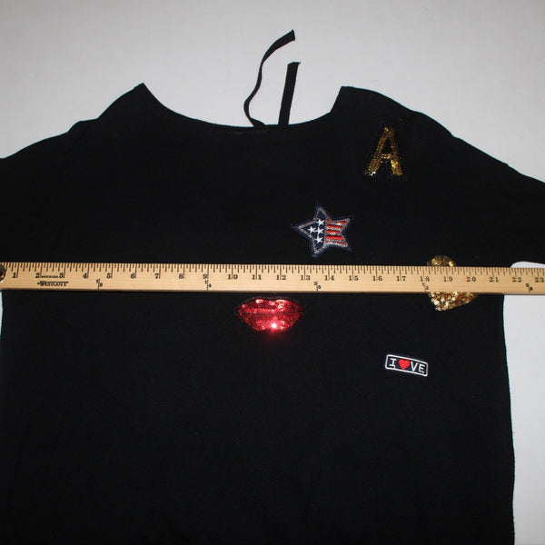 Gran Oriente Sweater Sz L Black Multi Colored Patches Lace Back Nylon Viscose