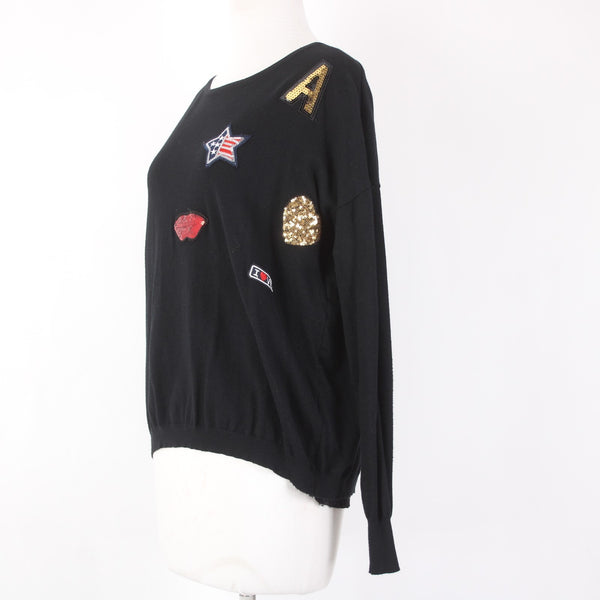 Gran Oriente Sweater Sz L Black Multi Colored Patches Lace Back Nylon Viscose