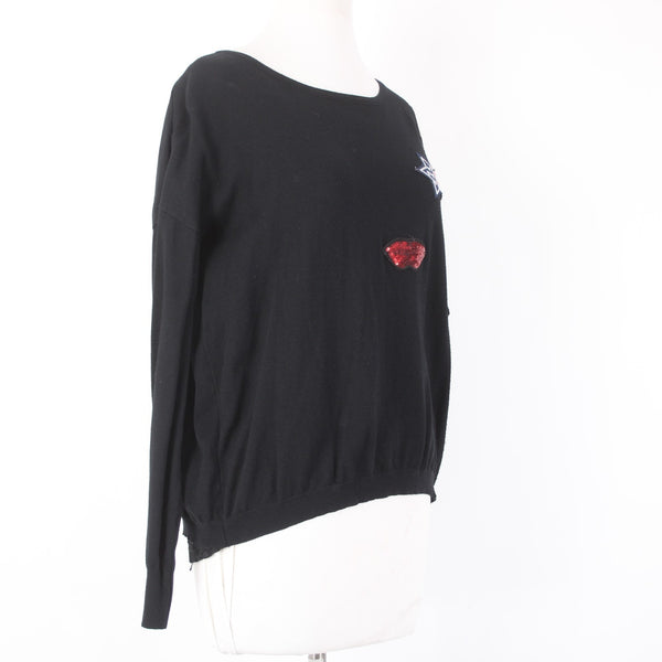 Gran Oriente Sweater Sz L Black Multi Colored Patches Lace Back Nylon Viscose