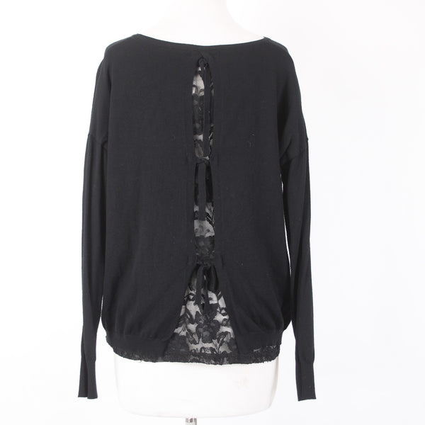 Gran Oriente Sweater Sz L Black Multi Colored Patches Lace Back Nylon Viscose