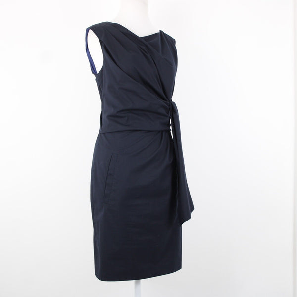 Diane Von Furstenberg Sz 6 Navy Blue Ruched Tie Sleeveless Cotton Poly Dress