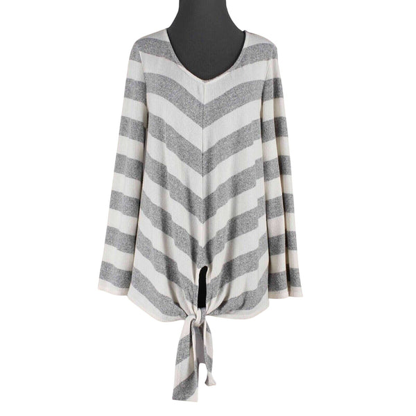Fantastic Fawn Top Sz M Gray White Striped Tie Front V Neck Polyester Sweater
