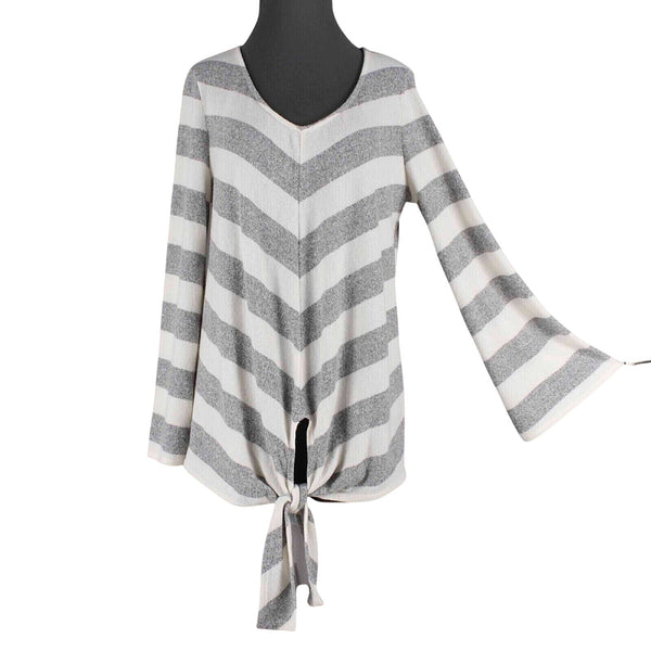 Fantastic Fawn Top Sz M Gray White Striped Tie Front V Neck Polyester Sweater