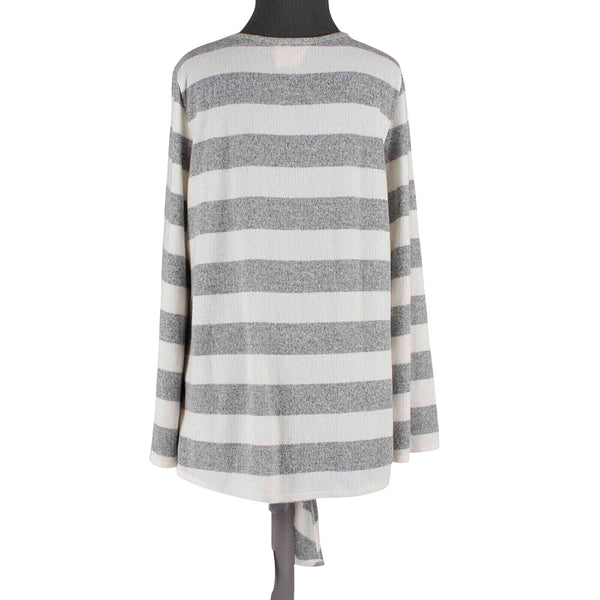 Fantastic Fawn Top Sz M Gray White Striped Tie Front V Neck Polyester Sweater