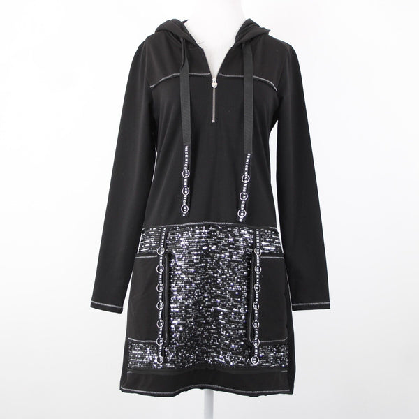 Tricotto Sz S Black Silver Sequin Pockets Zip Detail Cotton Polyester Dress