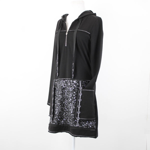 Tricotto Sz S Black Silver Sequin Pockets Zip Detail Cotton Polyester Dress