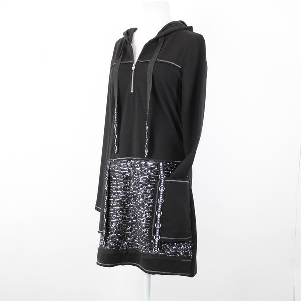 Tricotto Sz S Black Silver Sequin Pockets Zip Detail Cotton Polyester Dress