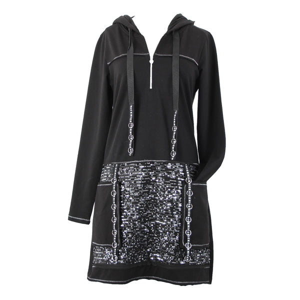 Tricotto Sz S Black Silver Sequin Pockets Zip Detail Cotton Polyester Dress