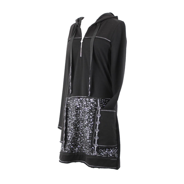 Tricotto Sz S Black Silver Sequin Pockets Zip Detail Cotton Polyester Dress