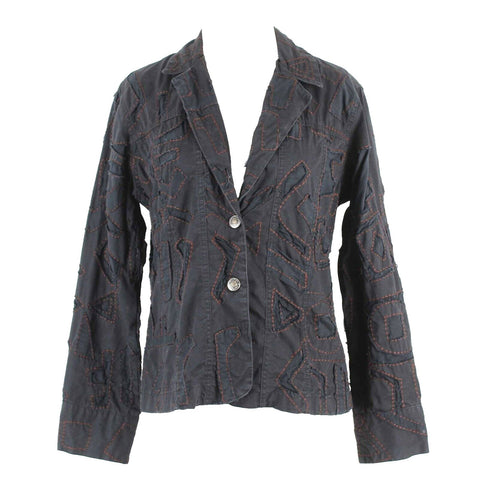 Chicos Sz 0 Black Brown Embroidered Patchwork 100% Cotton Jacket