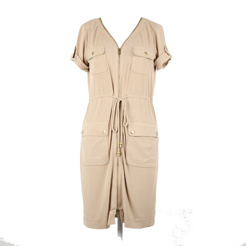 Muse NEW $169 Sz 4 Tan Gold Hardware Zipper Detail Pockets Poly Spandex Dress