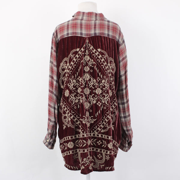 Johnny Was Workshop Top Sz L Burgundy Red Tan Embroidered Buttons Cotton Top