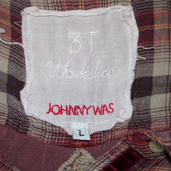 Johnny Was Workshop Top Sz L Burgundy Red Tan Embroidered Buttons Cotton Top
