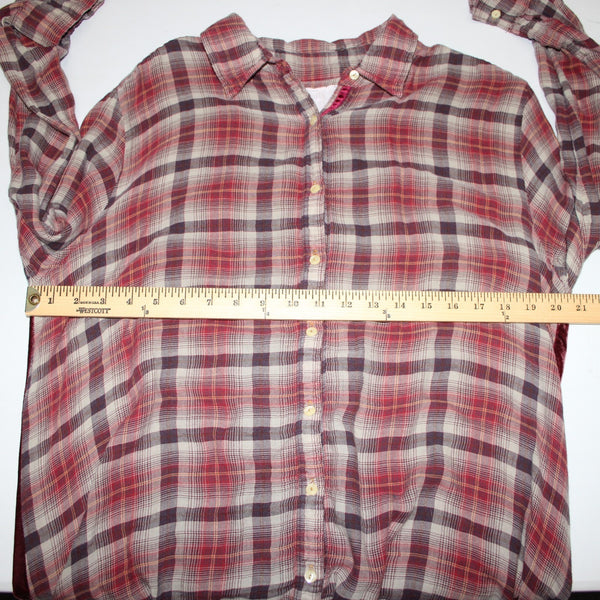 Johnny Was Workshop Top Sz L Burgundy Red Tan Embroidered Buttons Cotton Top