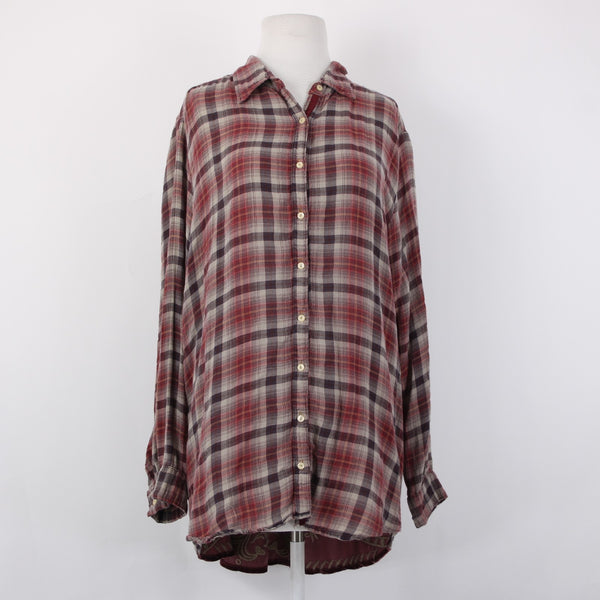 Johnny Was Workshop Top Sz L Burgundy Red Tan Embroidered Buttons Cotton Top