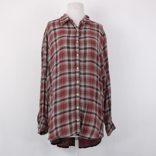 Johnny Was Workshop Top Sz L Burgundy Red Tan Embroidered Buttons Cotton Top
