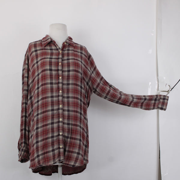Johnny Was Workshop Top Sz L Burgundy Red Tan Embroidered Buttons Cotton Top