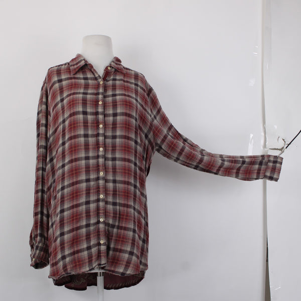 Johnny Was Workshop Top Sz L Burgundy Red Tan Embroidered Buttons Cotton Top