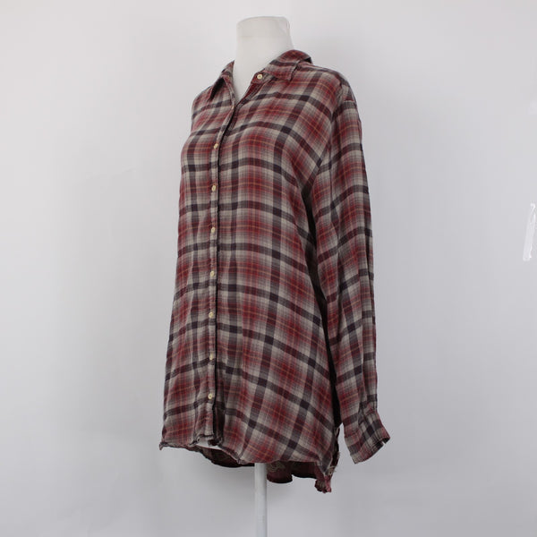 Johnny Was Workshop Top Sz L Burgundy Red Tan Embroidered Buttons Cotton Top