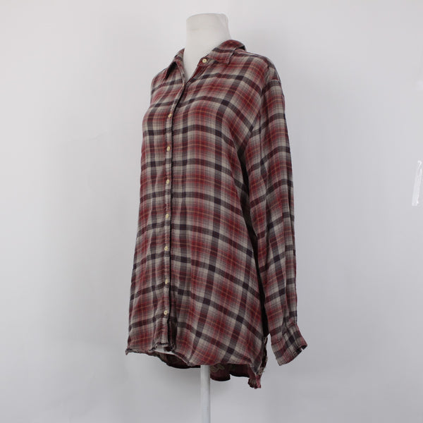 Johnny Was Workshop Top Sz L Burgundy Red Tan Embroidered Buttons Cotton Top