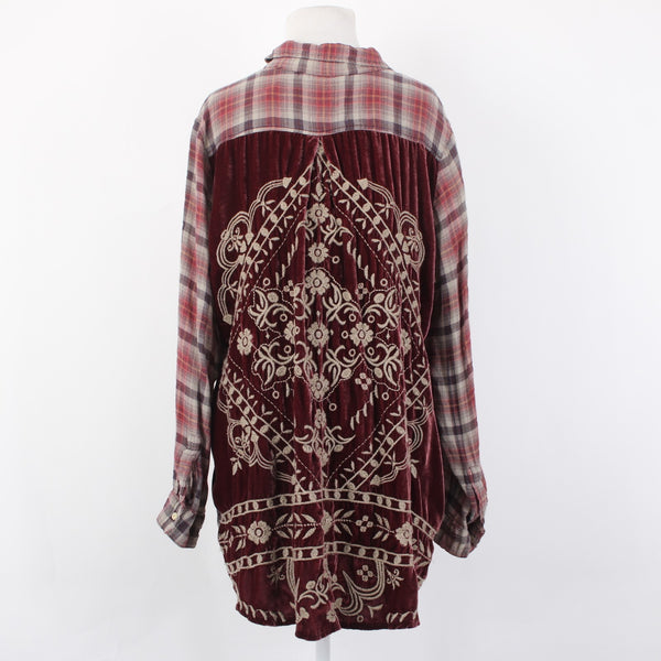 Johnny Was Workshop Top Sz L Burgundy Red Tan Embroidered Buttons Cotton Top