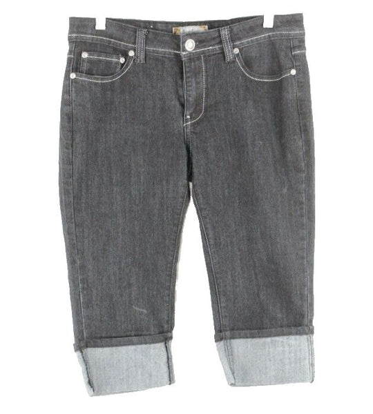 Grandeur Sz 11 x 17 Black Denim Cotton Blend Rhinestone Pocket Capri Jeans