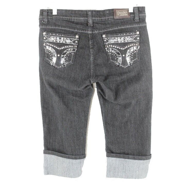Grandeur Sz 11 x 17 Black Denim Cotton Blend Rhinestone Pocket Capri Jeans