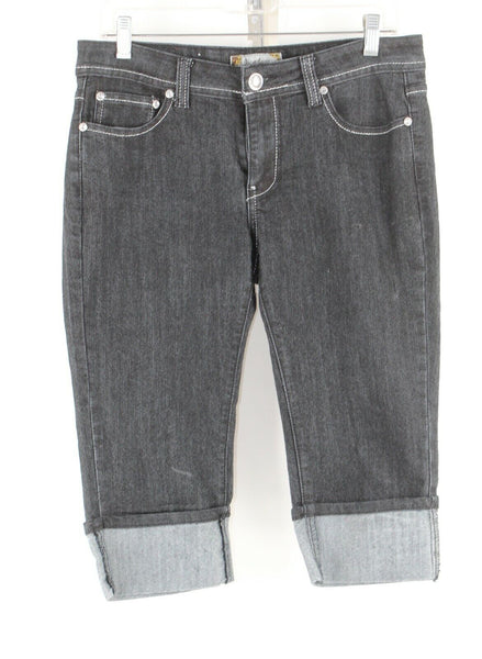 Grandeur Sz 11 x 17 Black Denim Cotton Blend Rhinestone Pocket Capri Jeans