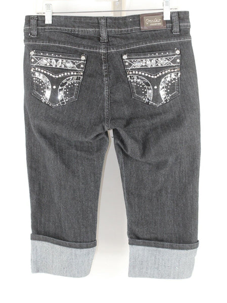 Grandeur Sz 11 x 17 Black Denim Cotton Blend Rhinestone Pocket Capri Jeans
