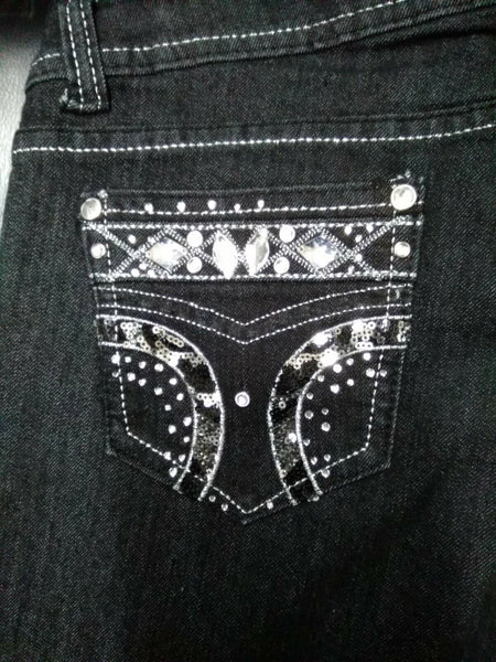 Grandeur Sz 11 x 17 Black Denim Cotton Blend Rhinestone Pocket Capri Jeans