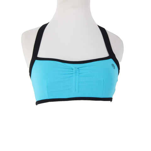 Zumba Sz M Aqua Blue Black Trim Adjustable Gathered Front Bra Active Wear Top